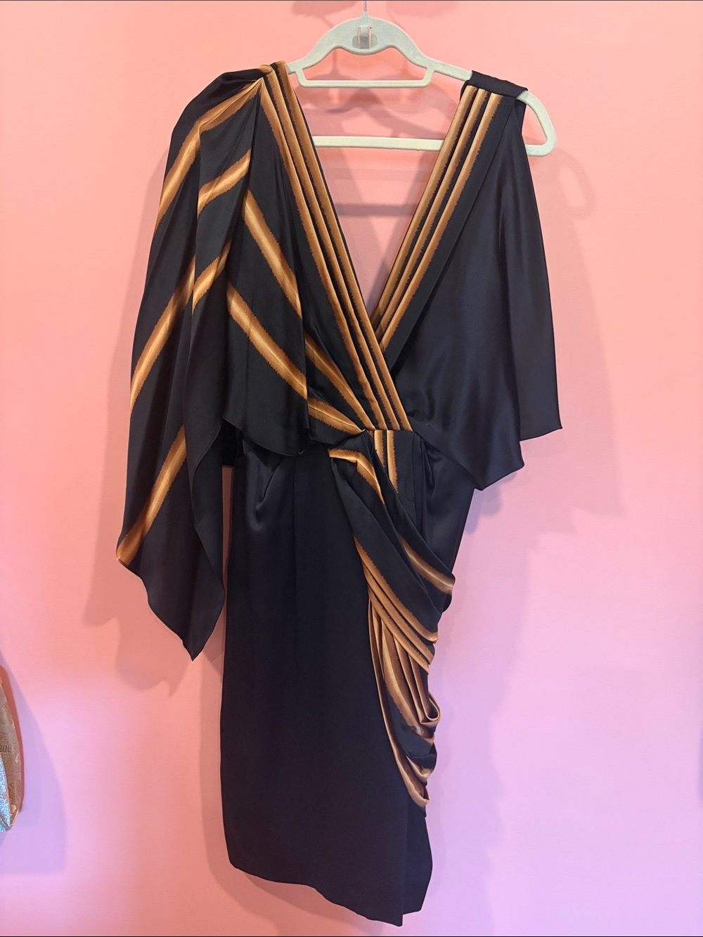 BCBGMaxAzria RUNWAY Black Dress with Gold Striped Draping